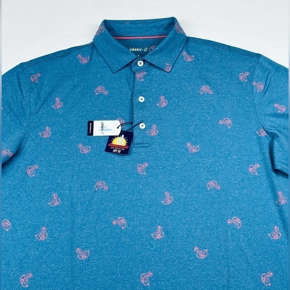 Johnnie-O Men’s Prep-formance Flamingo Floaty Lake Blue Golf Polo Shirt - Picture 4 of 10
